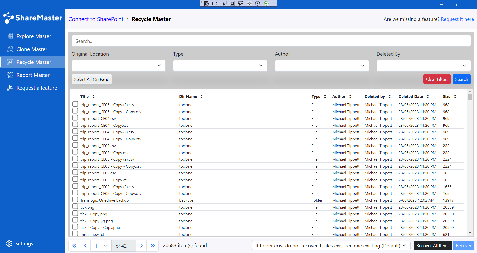 Recycle Master filters and bulk restore controls